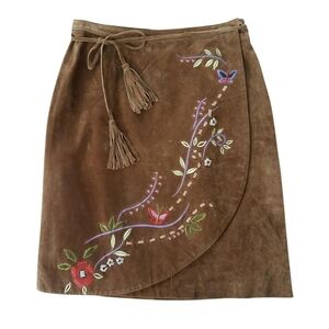 Vintage Brandon Thomas Brown Suede Embroidered Wrap‎ Skirt